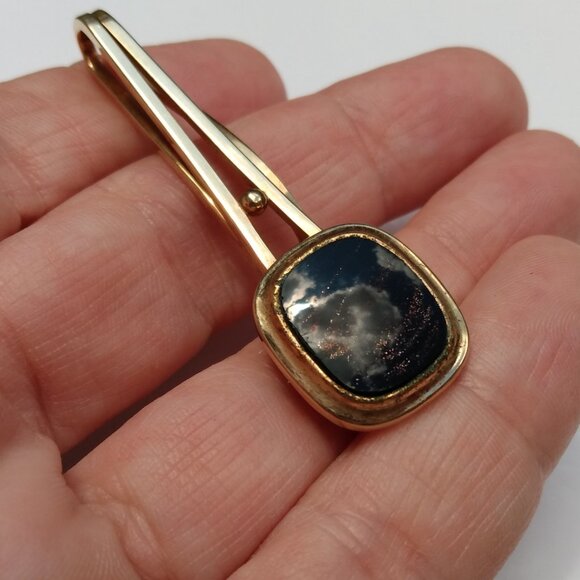 Vintage Tie Bar Clip Slide Gold Tone Black Sparkle Dapper - Picture 9 of 9